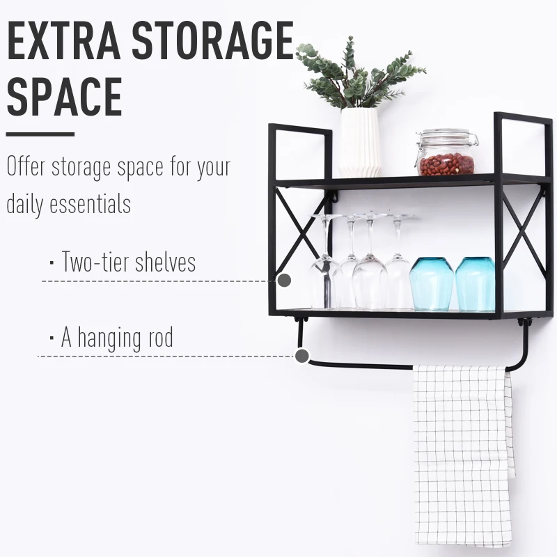 HOMCOM 2-Tier Wall Shelf Metal Frame Wood Shelves Bottom Rail Storage Rack Organisation Home Bedroom Kitchen Hallway Furniture 50x55cm Natural