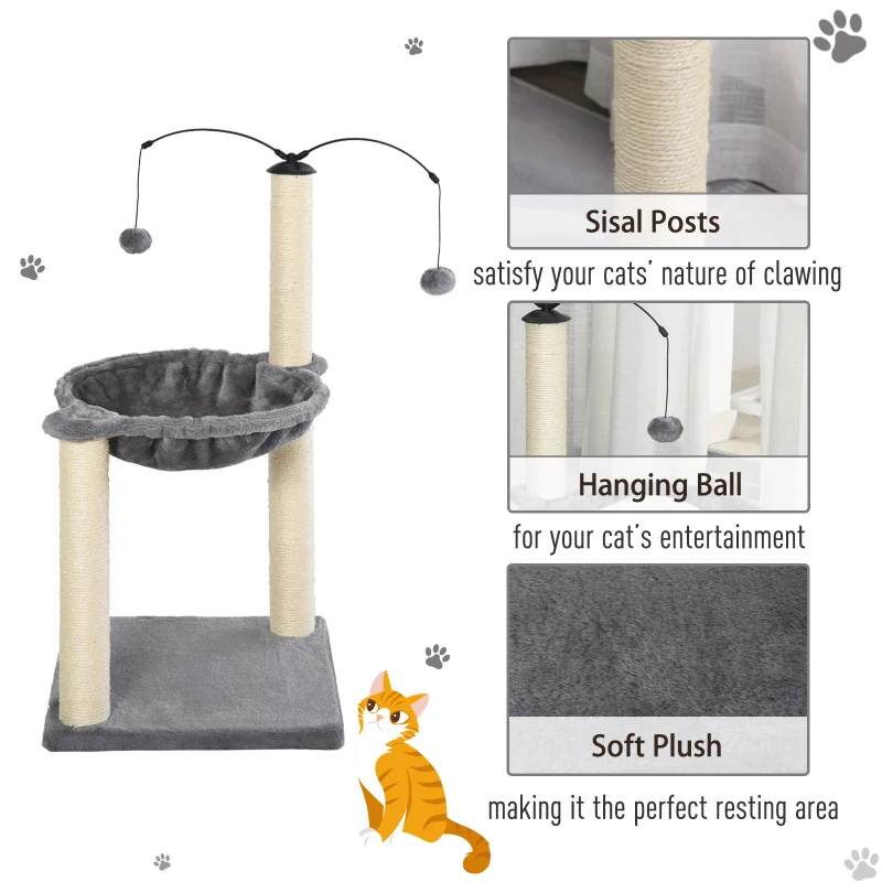 PawHut 83cm Cat Tree Tower for Indoor Cats with Sisal Scratching Post Hammock Cat Play House Dangling Ball Kitten Activity Center Furniture Grey