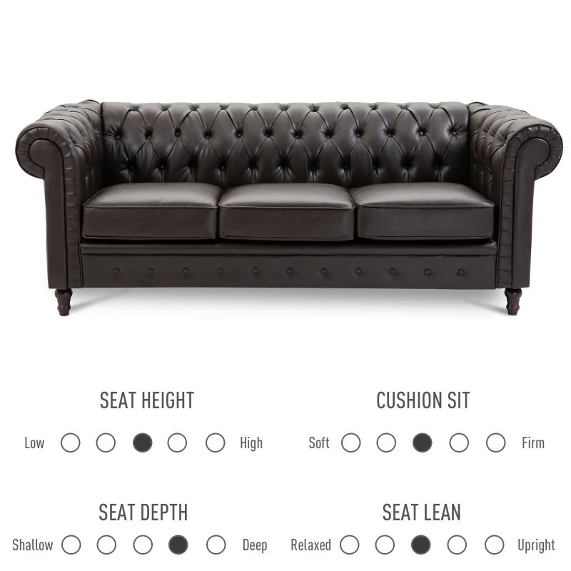 HOMCOM Tufted PU Leather 3-Seater Sofa on Solid Wood Legs Dark Brown