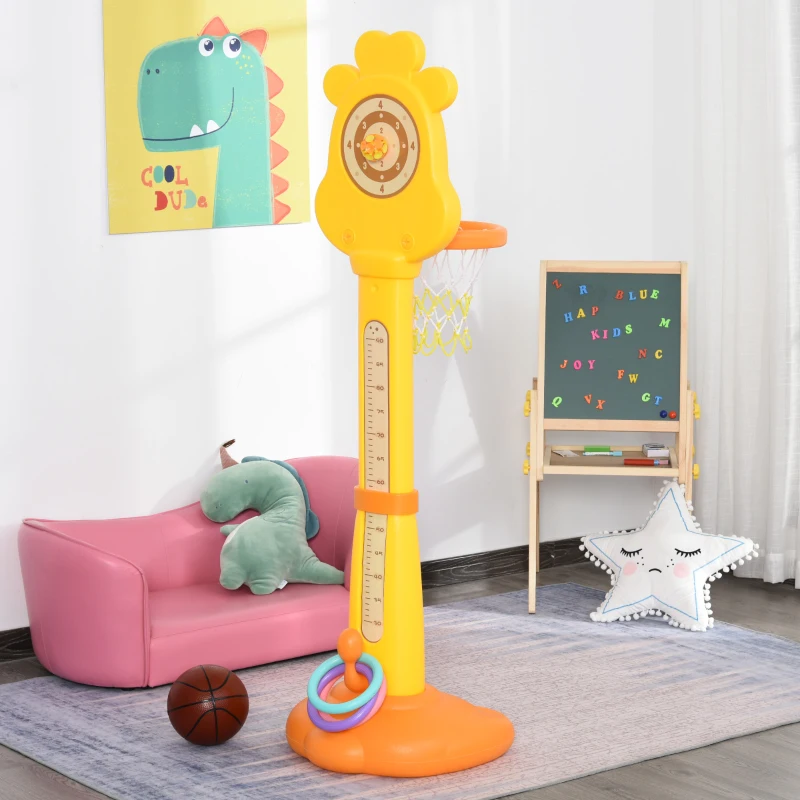 HOMCOM Kids Basketball Hoop and Stand Children Giraffe Ring Toss Play Set w/ Ball Hoops Pump Sucker-ball Adjustable Height from 125 cm to 155 cm