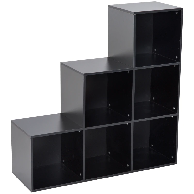 HOMCOM 3-tier Step 6 Cubes Storage Unit Particle Board Cabinet Bookcase Organiser Home Office Shelves Black
