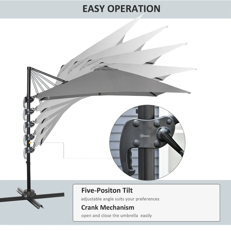 Outsunny 2.7 x 2.7 m Cantilever Parasol, Square Overhanging Umbrella with Cross Base, Crank Handle, Tilt, 360° Rotation and Aluminium Frame, Grey
