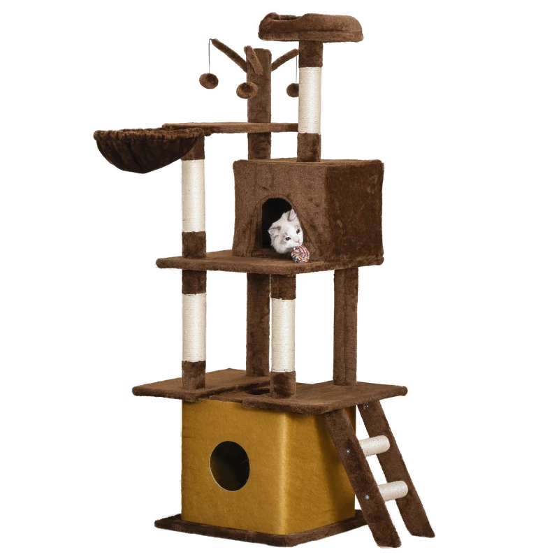PawHut Cat Tree Tower for Indoor Cats 150cm Climbing Kitten Activity Center with Sisal Scratching Post Perch Hanging Ball Toy Hammock Ladder Double Condo Dark Brown