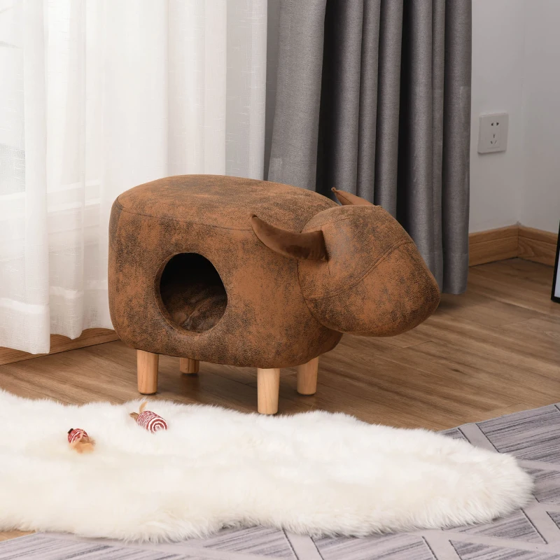 PawHut Cat House Animal Footstool Buffalo Ottoman Pet Condo Cave w/ Sleeping Cushion, Brown