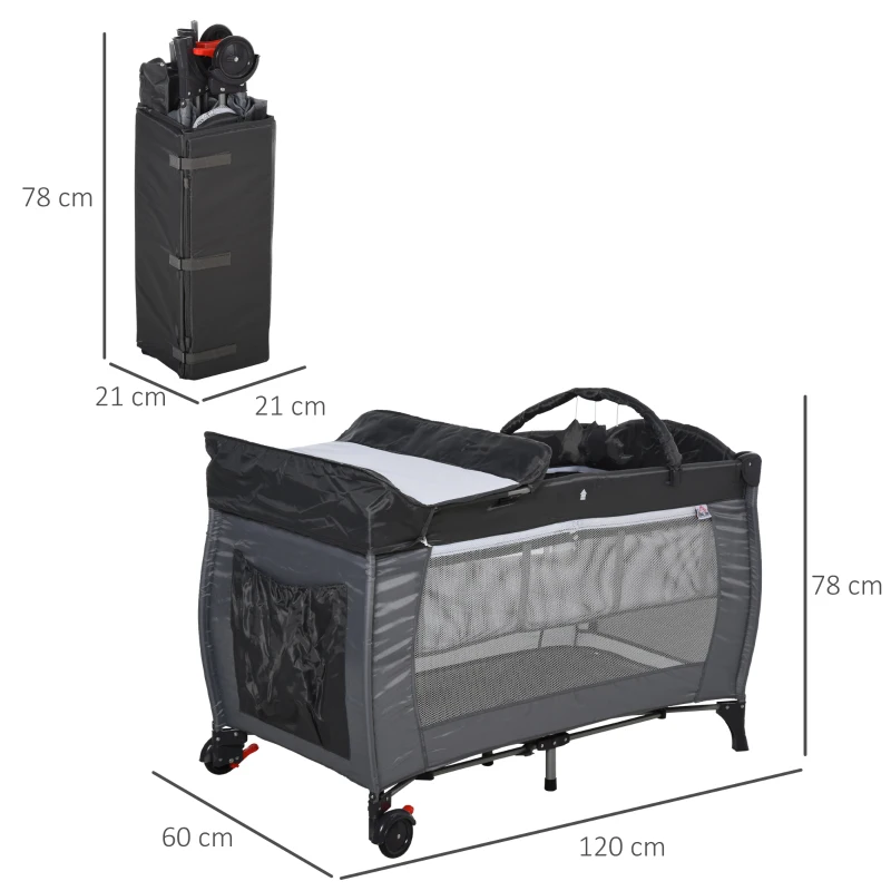 HOMCOM Portable Baby Infant Travel Cot Bassinet and Changing Top Metal Frame Mesh Panel Storage Pocket Locking Wheels 0-3 Yrs Grey