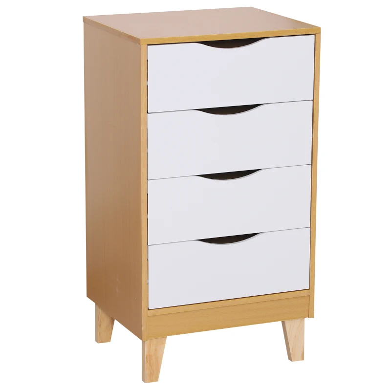 HOMCOM Scandinavian Style Bedside Table W/ 4 Drawers, 48Lx40Dx88H cm-Natural Wood/White Colour