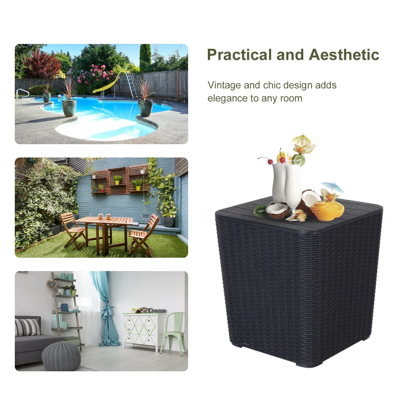 Outsunny 50L Outdoor Patio Resin Rattan Wicker Knit Square Coffee Table Bar End Table Garden Furniture Bucket - Black