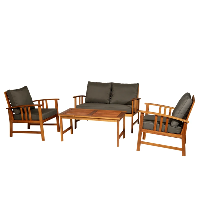 Outsunny Outdoor Indoor 4pcs Acacia Wood Furniture Set 1 Coffee Table 2 Armchairs & 1 Sofa with Cushions Patio Garden Conservatory