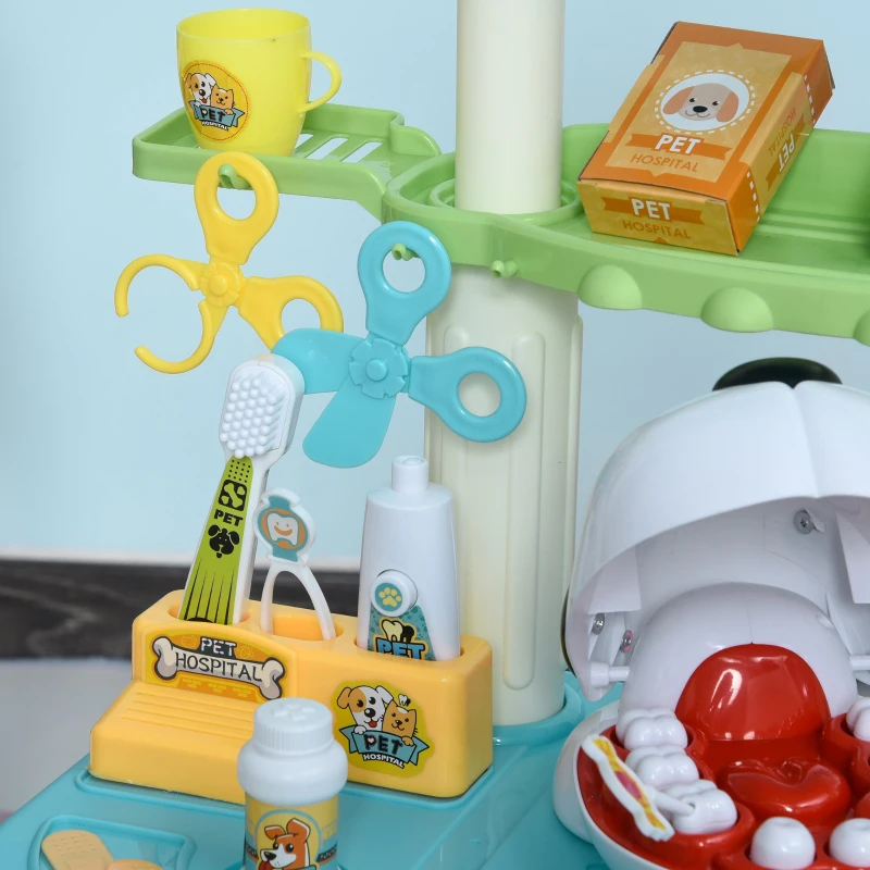 HOMCOM 43 Pcs Kids Children Vet Dentist Hospital Playset w/ Lights Water Tap Plastic Teeth Accessories Medical Toy Centre Pet Doctor Kit
