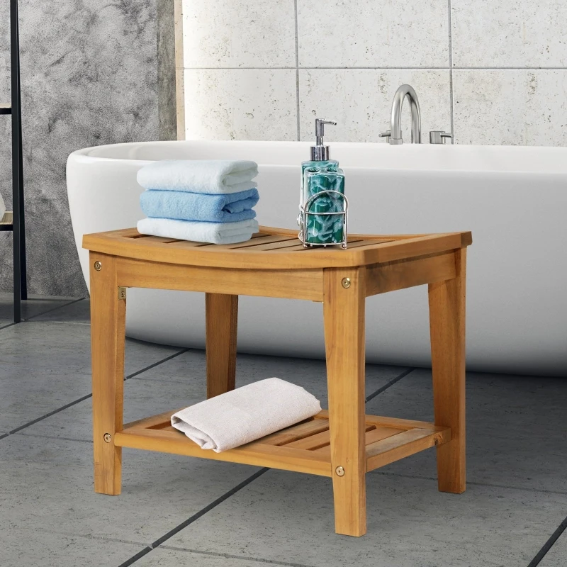 HOMCOM Acacia Wood Bathroom Shower Spa Sauna Stool Bench w/ Shelf Elderly Bath Assistance Seat Teak Colour