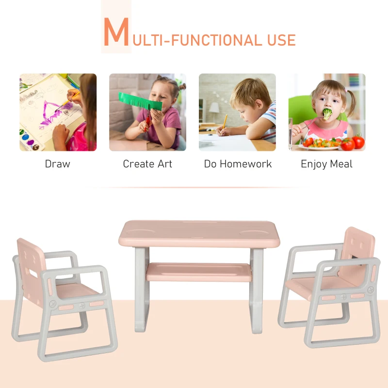 HOMCOM Kids Table and Chairs Set Activity Play Table Writting Desk w/ 2 High-Back Chairs Storage Tray for Boys Girls Toddlers Age 1 to 6 Years Pink