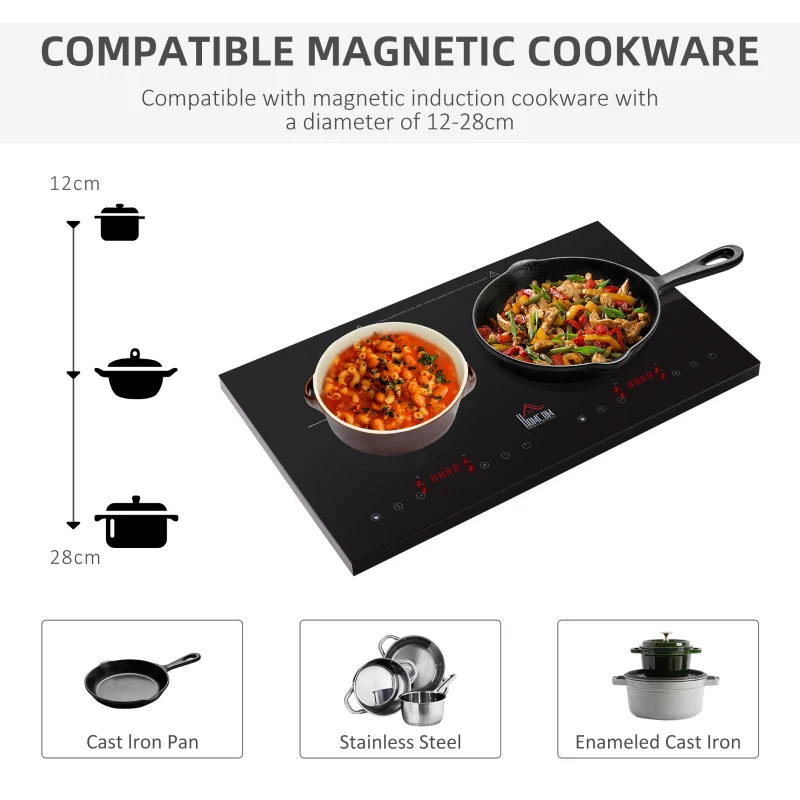 HOMCOM Portable Induction Hob Double Induction Cooker 2800W Twin Hot Plate Electric Cooktop with 8 Power & Temperature Levels 4H Timer Child Lock Sensor Touch LED Display Crystal Glass