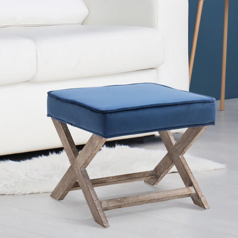 HOMCOM Footstool Ottoman Vintage Footstool W/Padded Seat, Velvet, 49.5Lx45Wx41H cm-Blue