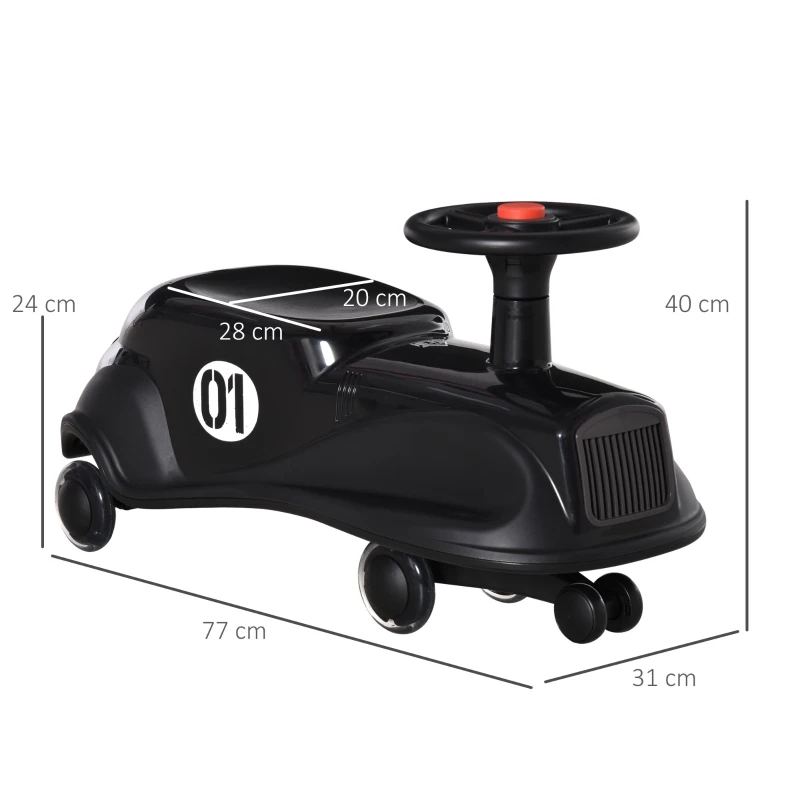 HOMCOM Toddler Ride on Toy Car Wiggle Car LED Flashing Wheels Swing Car for 2-4 Years Black