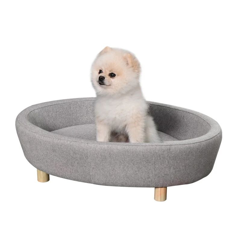 PawHut Dog Sofa Oval Shaped Pet Bed, Cat Chair Couch with Sponge Padded Cushion, Washable Cover, Wooden Legs for Small Dogs - Light Grey