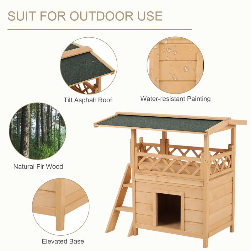 PawHut Wooden Cat House Outdoor Luxury Room Weatherproof Shelter with Balcony and Stair Puppy Garden Large Kennel Natural Wood