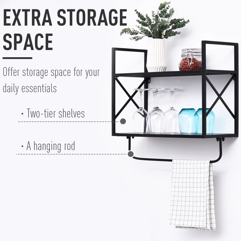 HOMCOM 2-Tier Wall Shelf Metal Frame Wood Shelves Bottom Rail Storage Rack Organisation Home Bedroom Kitchen Hallway Furniture 50x55cm Grey