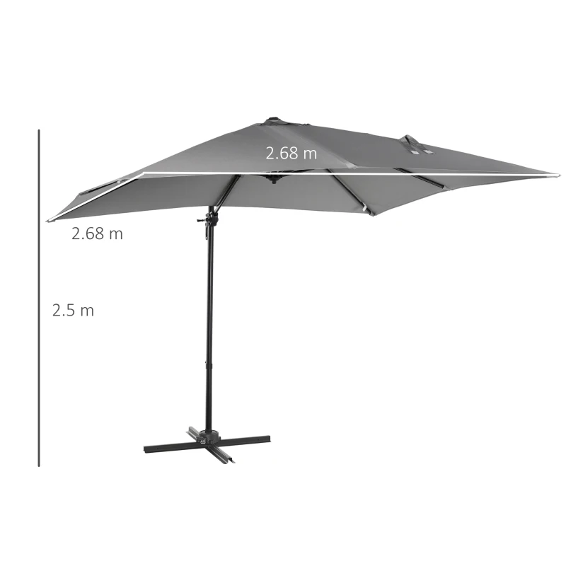 Outsunny 2.7 x 2.7 m Cantilever Parasol, Square Overhanging Umbrella with Cross Base, Crank Handle, Tilt, 360° Rotation and Aluminium Frame, Grey