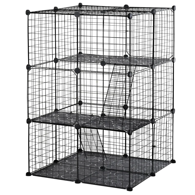 PawHut Pet Playpen DIY Small Animal Cage Enclosure Metal Wire Fence 39 Panels with 3 Doors 2 Ramps for Kitten Bunny Chinchilla Pet Mink Black