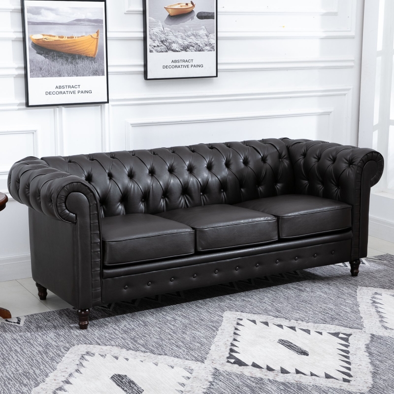 HOMCOM Tufted PU Leather 3-Seater Sofa on Solid Wood Legs Dark Brown