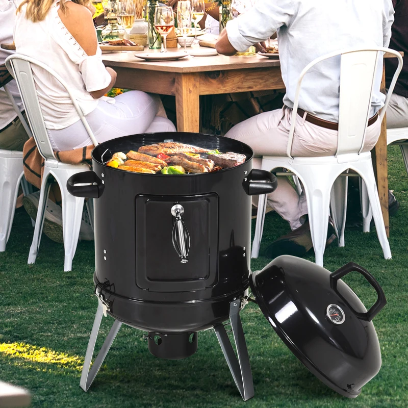 Outsunny Charcoal Smoker Grill 3 in 1 Design Round BBQ Roaster Barbecue with Built-in Thermostat, Water Pan and Hooks Camping Garden Patio Outdoor- Black