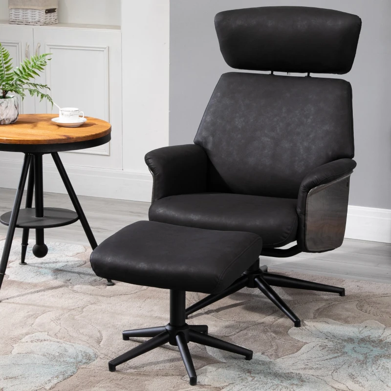 HOMCOM  Fabric Swivel Recliner Chair with footstool Metal Base Wood Armrest Black