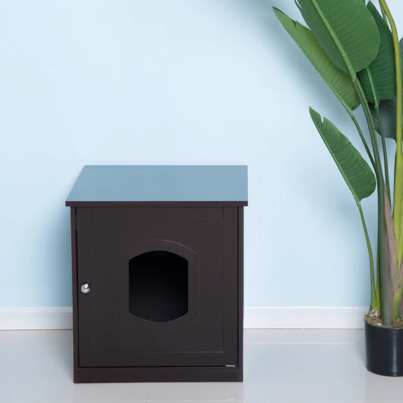 PawHut 2 in 1 Litter Box Enclosure Toilet Wooden Cat House Litter Tray Cover Pet Bed Home Furniture for Living Room Bedroom 51 x 48 x 51 cm (Dark Brown)