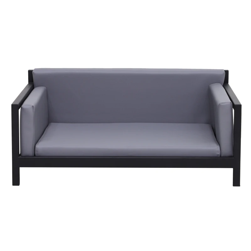 PawHut Deluxe PU Pet Sofa Couch Soft Dog Puppy Cat Sleep Bed Metal Frame Grey 64L x 52W x 27.5H cm