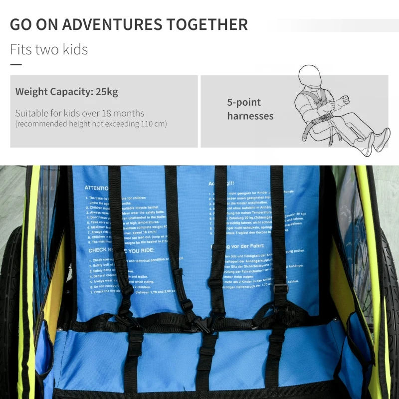 HOMCOM Child Bike Trailer Foldable 2-Seat Baby Transport Carrier with Storage Bag Five-point Safety Harness Hitch Coupler Green