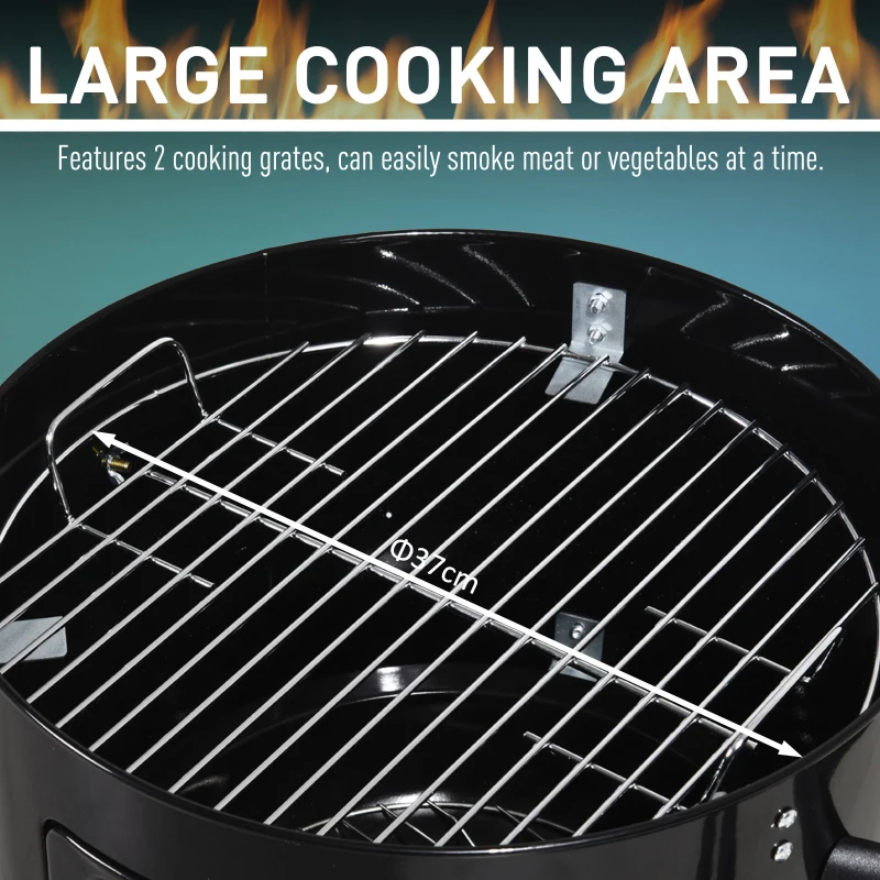 Outsunny Charcoal Smoker Grill 3 in 1 Design Round BBQ Roaster Barbecue with Built-in Thermostat, Water Pan and Hooks Camping Garden Patio Outdoor- Black