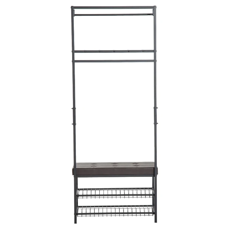 HOMCOM 5 Hook Metal Rail Hallway Coat Hanger w/ 2-Tier Shoe Bench Black