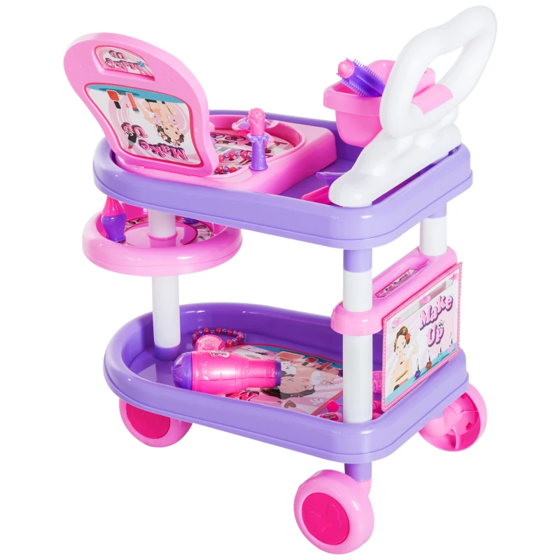 HOMCOM 38 Pcs Kids Pretend Hairdresser Role Play Set-Purple & Pink