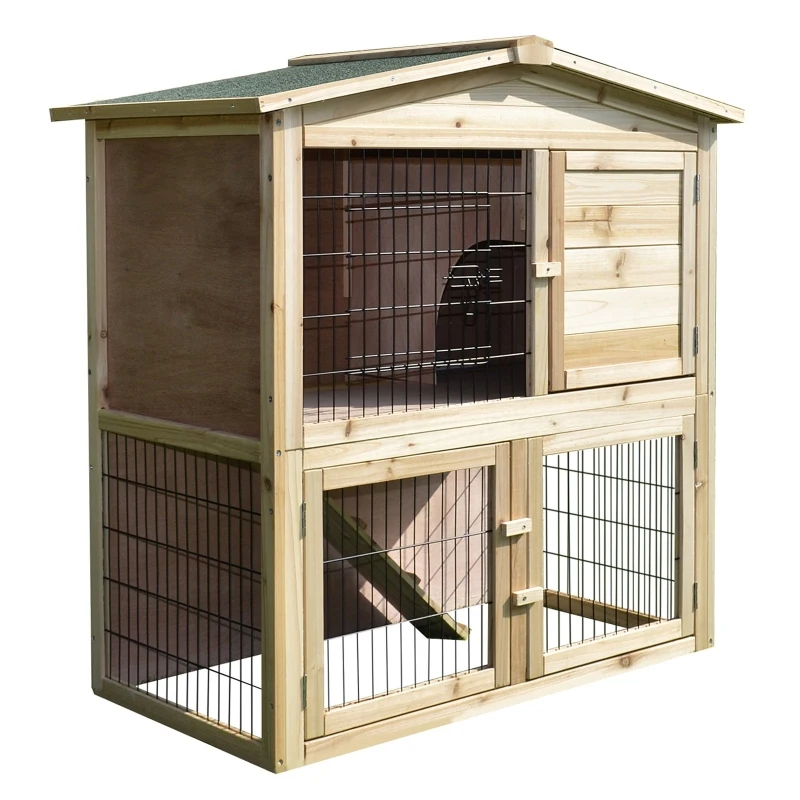 PawHut Rabbit Hutch, 98Lx54Wx100H cm, Fir Wood-Natural Wood Colour