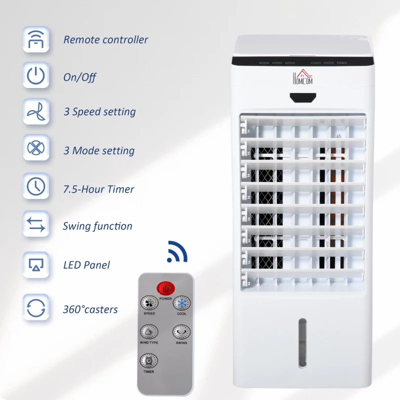 HOMCOM 4L Portable Air Cooler, Mobile Evaporative Cooler Humidifier with 3 Modes, 3 Fan Speed, Remote Controller, 7.5 Hour Timer, Swing and Ice Cooling Function for Bedroom, Dorm, Office