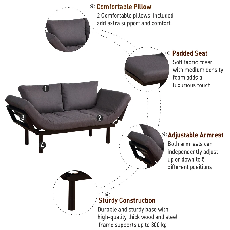 HOMCOM Convertible 3-Position Sofa Bed Couch Chaise Lounge w/ 5-Position Armrest Pillows 80x166cm Black