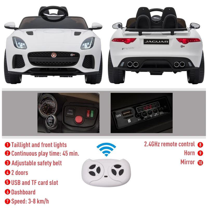 HOMCOM 6V Rechargeable Battery Ride-On Car Licensed Jaguar F-type SVR Forward Reverse Lights Horn Music Player w/ Seat Belt White