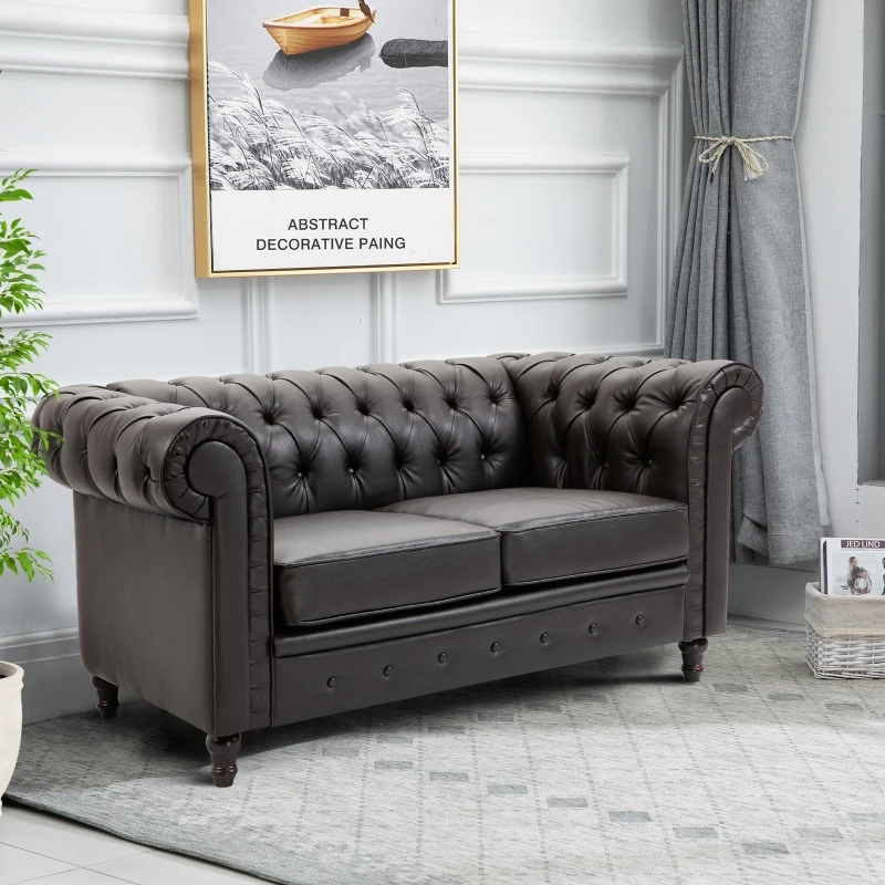 HOMCOM Tufted PU Leather 2-Seater Sofa on Solid Wood Legs Dark Brown