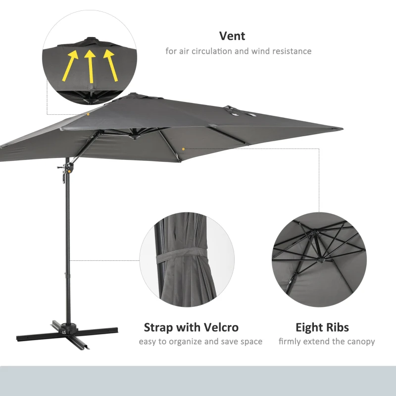 Outsunny 2.7 x 2.7 m Cantilever Parasol, Square Overhanging Umbrella with Cross Base, Crank Handle, Tilt, 360° Rotation and Aluminium Frame, Dark Grey