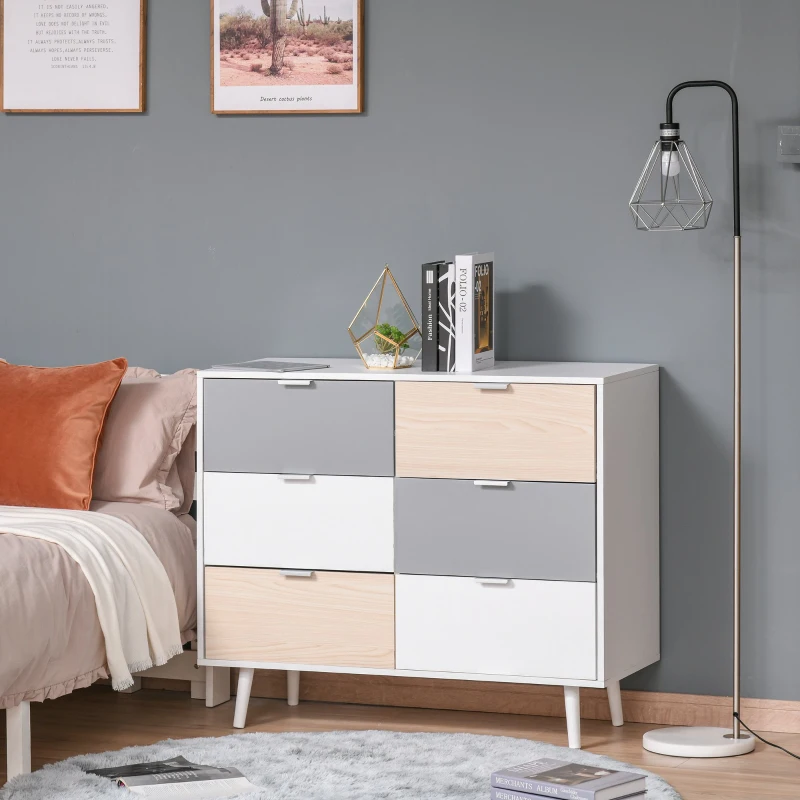 HOMCOM Chest Of Drawers Storage Cabinet Sideboard Dresser w/ 6 Drawers, Wood Legs Metal Handle Bedroom Hallway Living Room Furniture