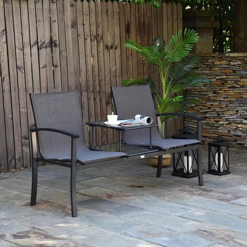 Outsunny Aluminum Texteline 2 Person Bench W/Table-Grey