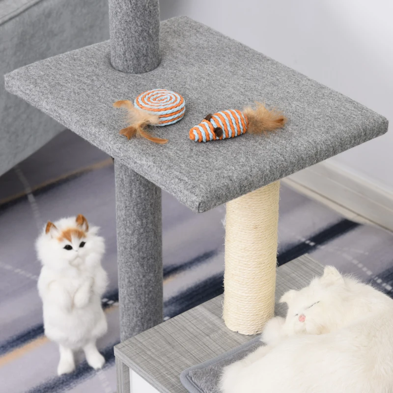 PawHut Cats Particle Board 3-Tier Scratching Tree House Grey