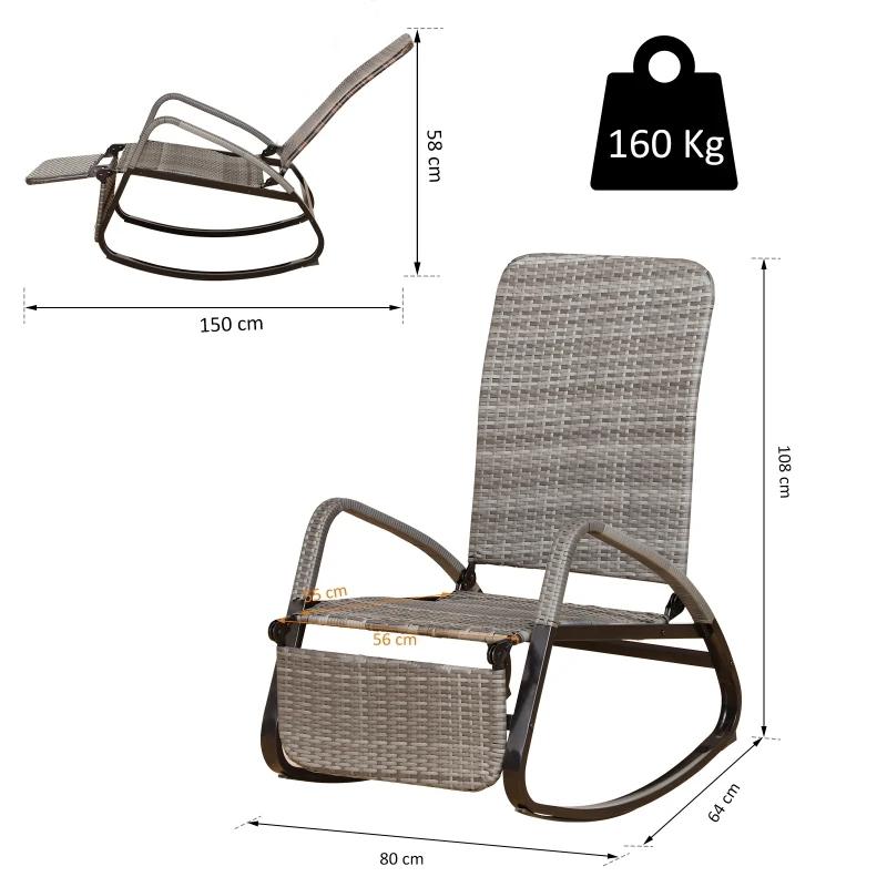 Outsunny Patio Garden Rattan Rocking Lounge Chair Rocker Outdoor Foldable  Adjustable Recliner Seat with Footrest - Grey