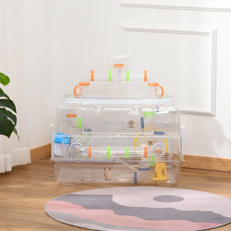 PawHut 3 Tier Hamster Cage Gerbil Haven Small Animal Habitats Rodent House Large Hide-out for Dwarf Syrian Mice with Water Bottle, Tubes, Exercise Wheel, Food Dish, Ladder