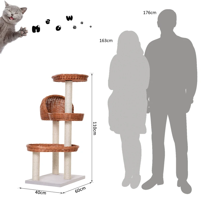 PawHut 4 Tier Cat Tree for Indoor Cats Activity Center Willow Platforms Kitty Scratcher Play Tower Toy Condo 110 cm