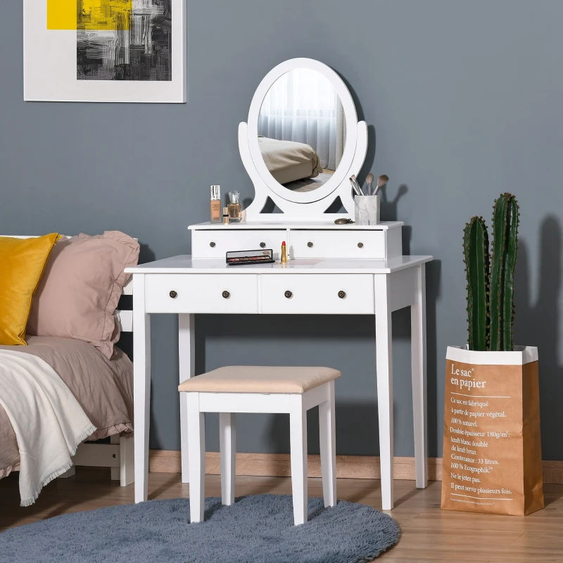 HOMCOM 4-Drawer Dressing Table & Stool Set w/ Moving Mirror Cushioned Seat Wood Legs Oval Makeup Vanity Dresser Desk White