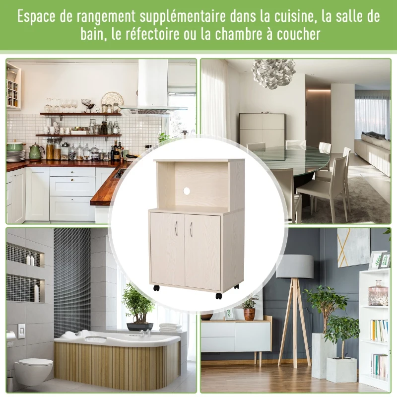 HOMCOM Rolling Kitchen Trolley Microwave Cart 2-Door Cabinet Storage Shelves w/ Wheels, 60.4W x 40.3D x 97Hcm