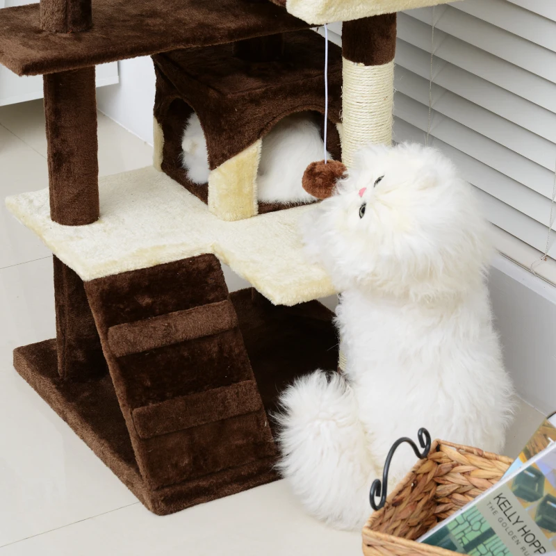 Pawhut Cat Tree Cat Condo W / Kitty Play Hammock-Coffee/Cream