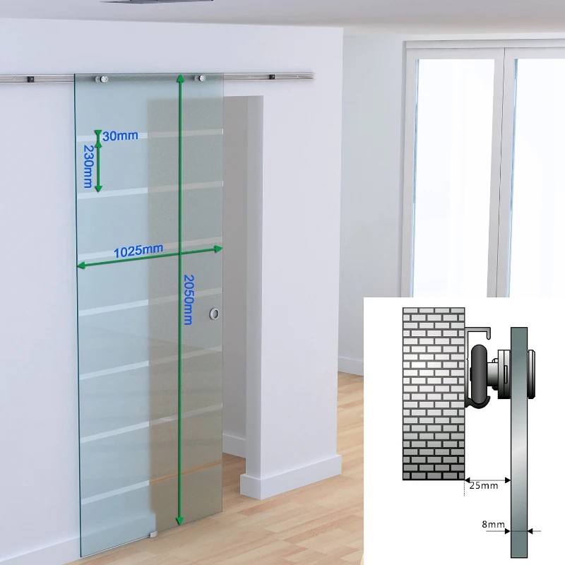 HOMCOM 102.5cm Modern Sliding Door Include Hardware Track System Kit, Frosted Stripe Glass Door, Round Handle