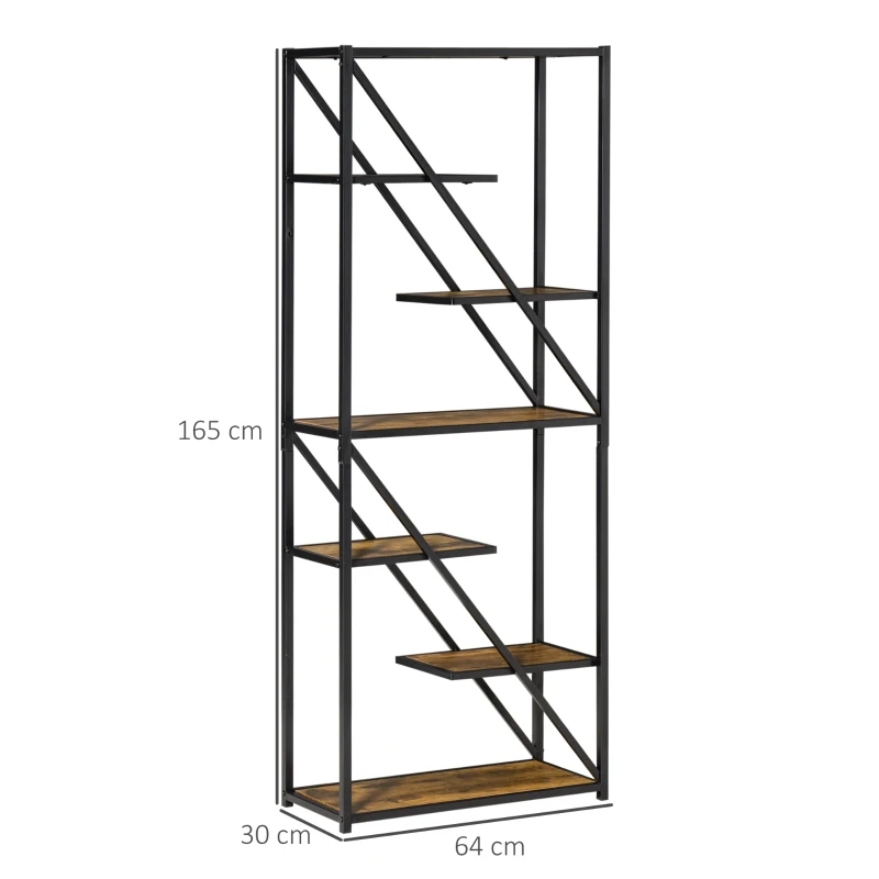 HOMCOM 6-Tier Storage Shelf with Metal Frame, Shelving Unit for Living Room, Office, Hallway, Industrial Style, 64W x 30D x 165Hcm, Rustic Brown