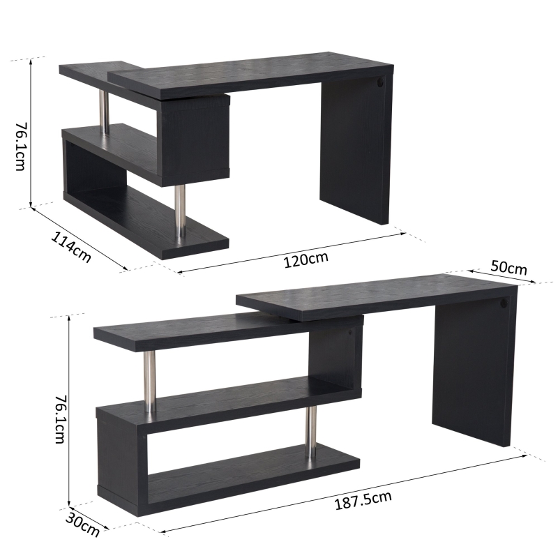 HOMCOM MDF 360 Rotating L-Shaped Home Computer Desk with Bookshelf Brown